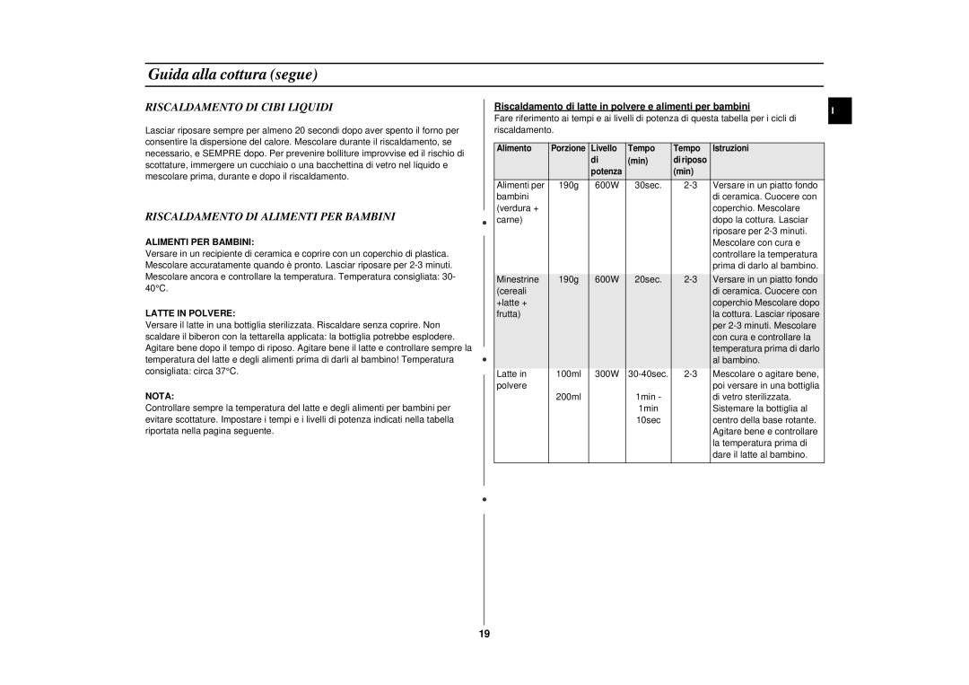 Samsung M1714N/XET manual Riscaldamento DI Cibi Liquidi, Riscaldamento DI Alimenti PER Bambini 