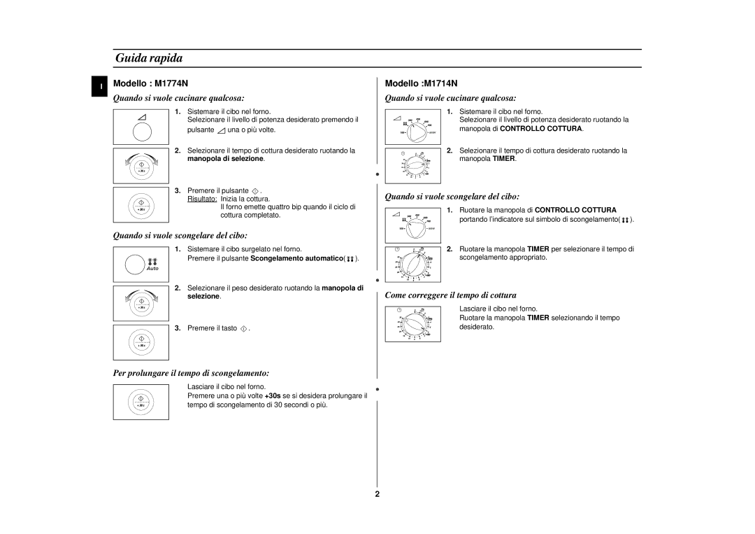 Samsung M1714N/XET manual Guida rapida, Manopola di selezione, Selezione, Manopola di Controllo Cottura 