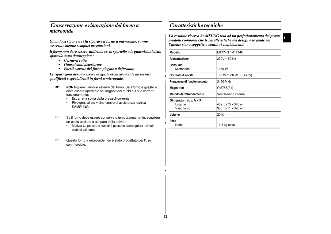 Samsung M1714N/XET manual Samsung, Dimensioni L x a x P 