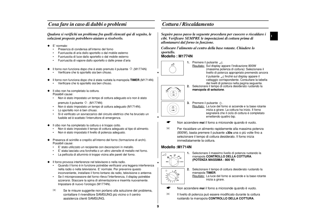 Samsung M1714N/XET manual Cosa fare in caso di dubbi o problemi, Cottura / Riscaldamento, Manopola Controllo Della Cottura 