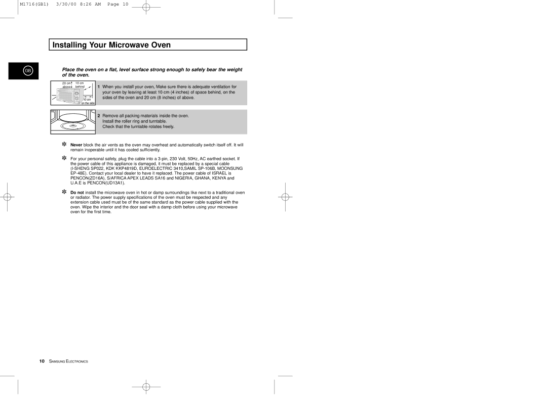 Samsung M1716 manual Installing Your Microwave Oven 