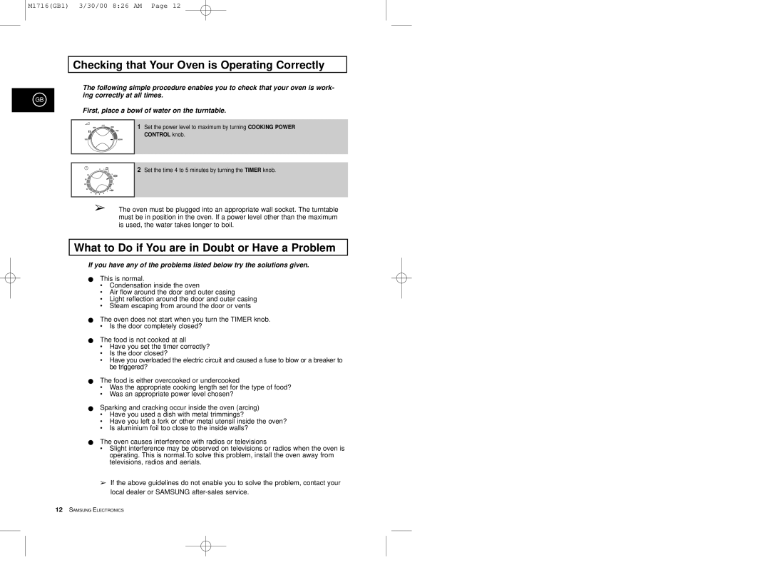 Samsung M1716 manual Checking that Your Oven is Operating Correctly, What to Do if You are in Doubt or Have a Problem 