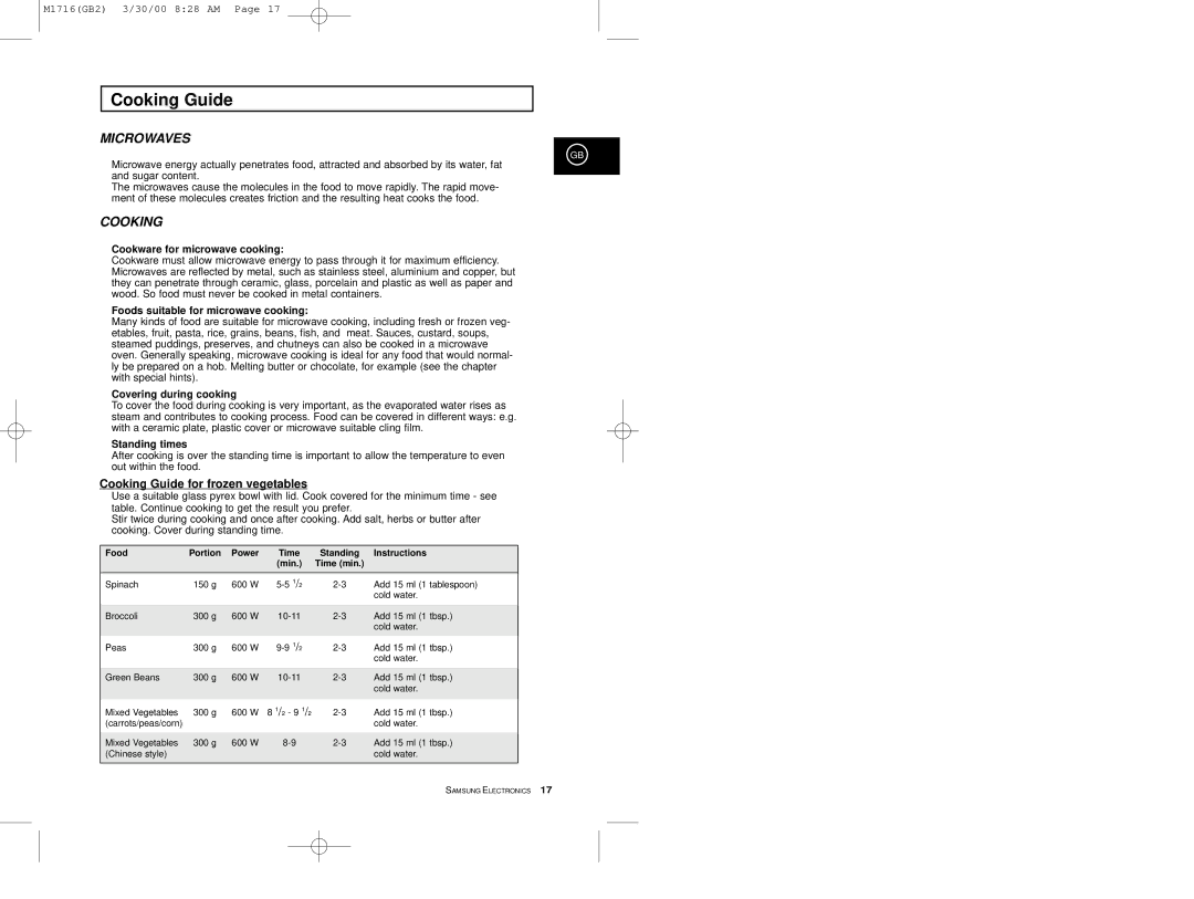 Samsung M1716 Cooking Guide, Cookware for microwave cooking, Foods suitable for microwave cooking, Covering during cooking 