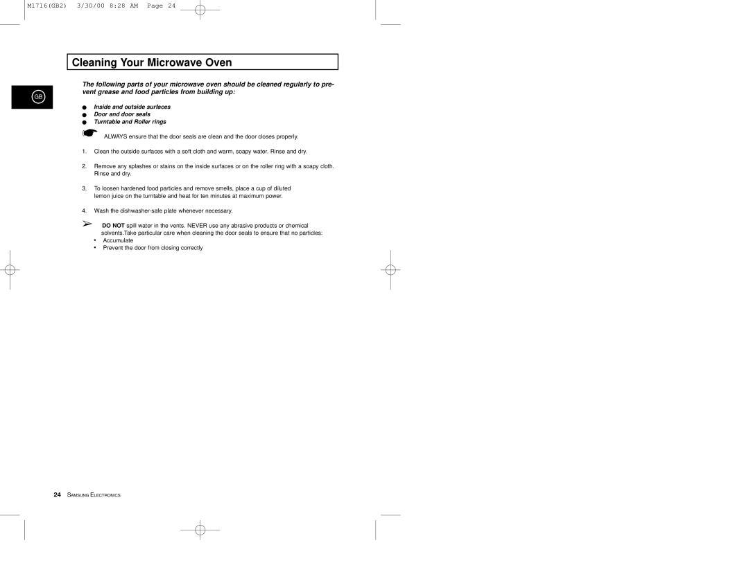 Samsung M1716 manual Cleaning Your Microwave Oven 