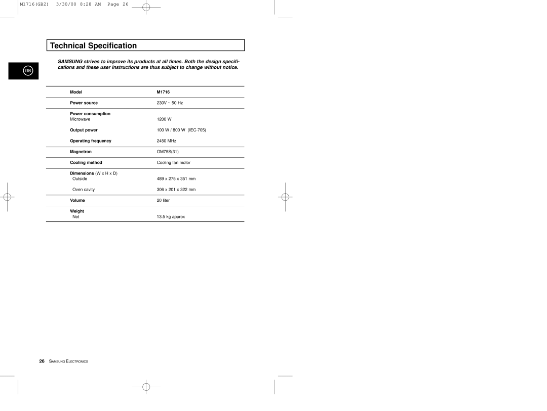 Samsung M1716 manual Technical Specification 