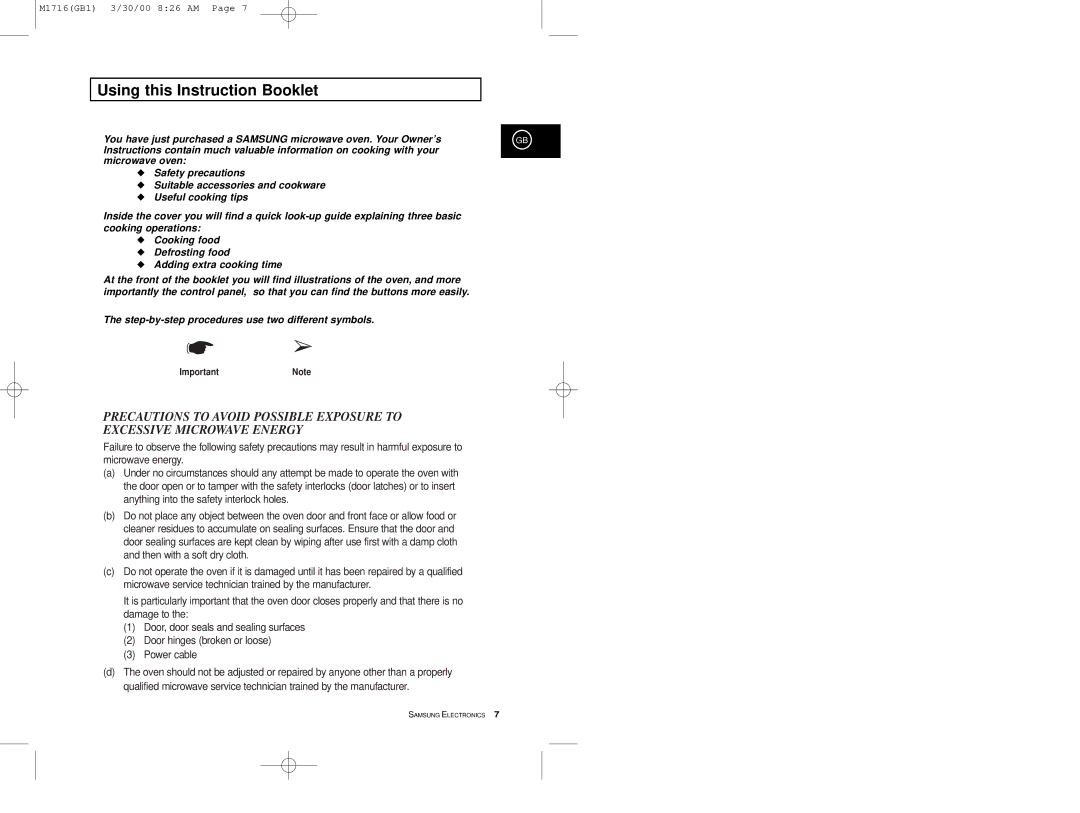 Samsung M1716 manual Using this Instruction Booklet, ImportantNote 