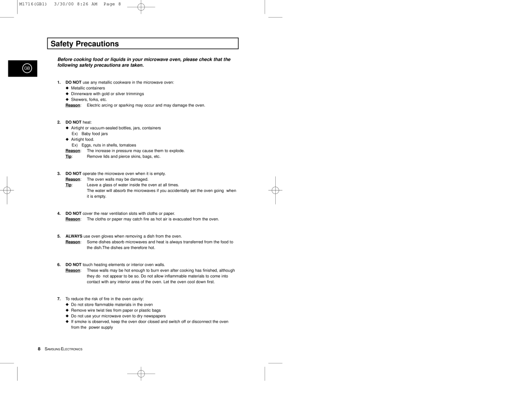 Samsung M1716 manual Safety Precautions, Do not heat, Reason, Tip 