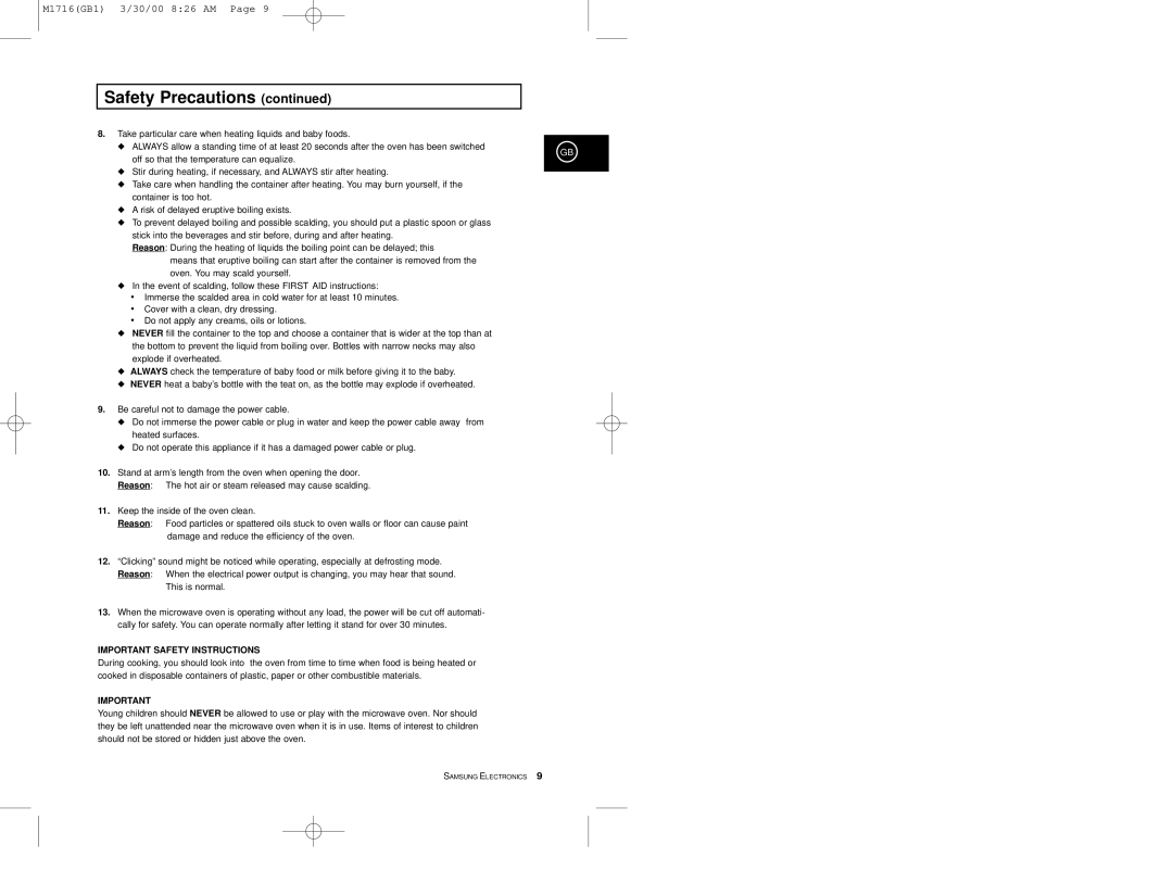 Samsung M1716 manual Important Safety Instructions 