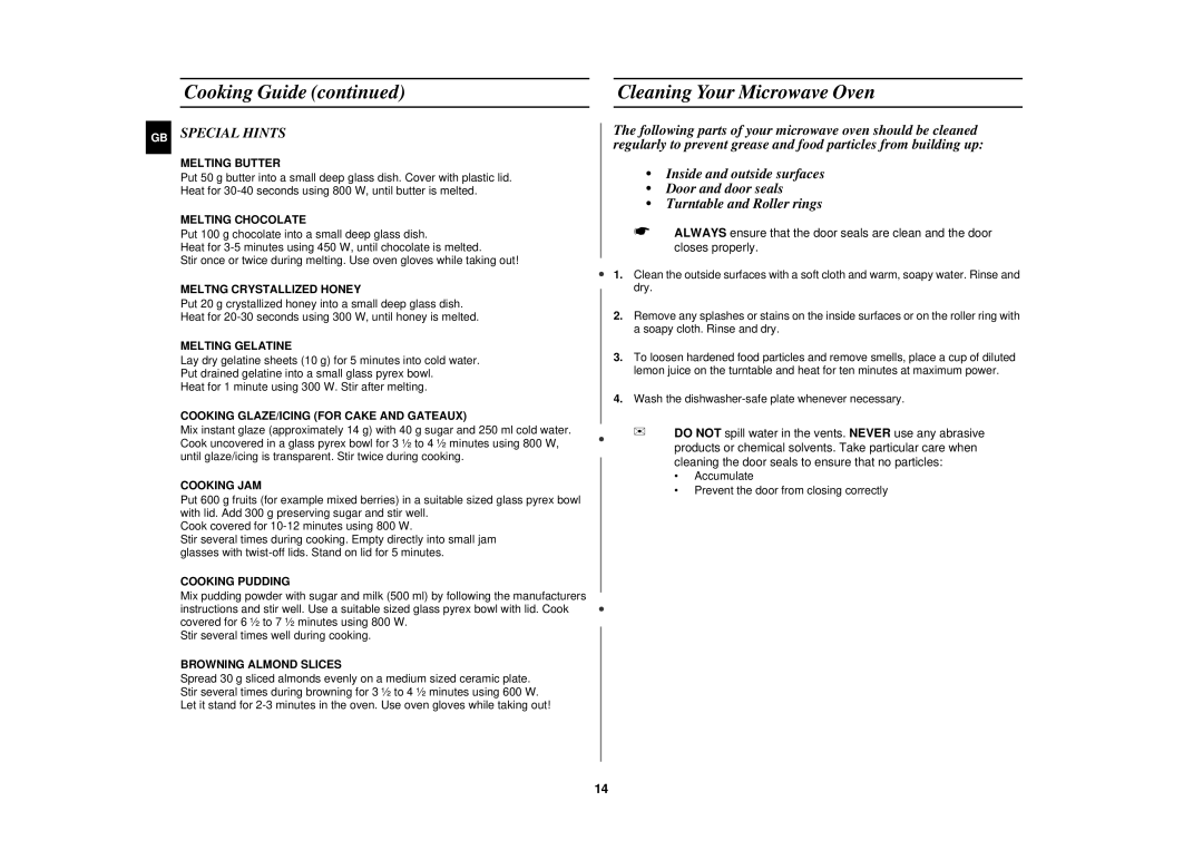 Samsung M1716N/NSI manual Cleaning Your Microwave Oven, Special Hints 