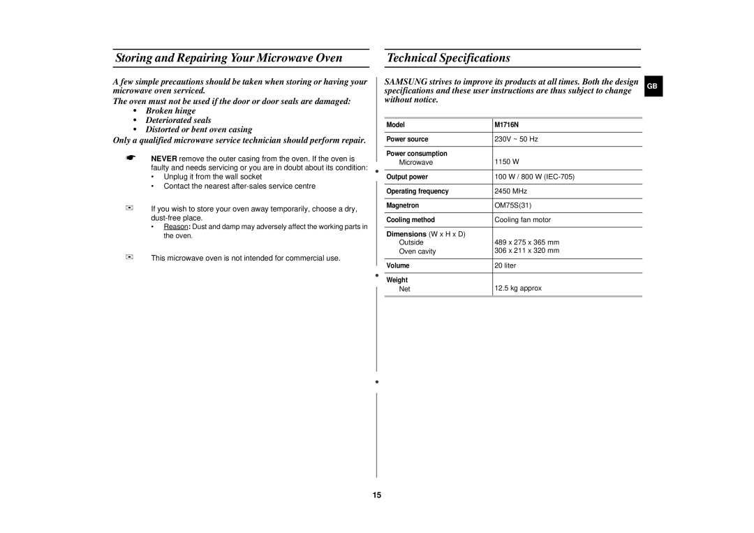 Samsung M1716N/NSI manual Storing and Repairing Your Microwave Oven, Technical Specifications, Dimensions W x H x D 