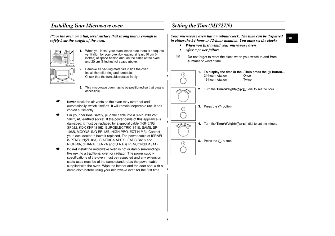 Samsung M1727N/XEH, M1717N/XEN, M1727N/ERP, M1717N-S/ERP, M1717N/ERP Installing Your Microwave oven Setting the TimeM1727N 