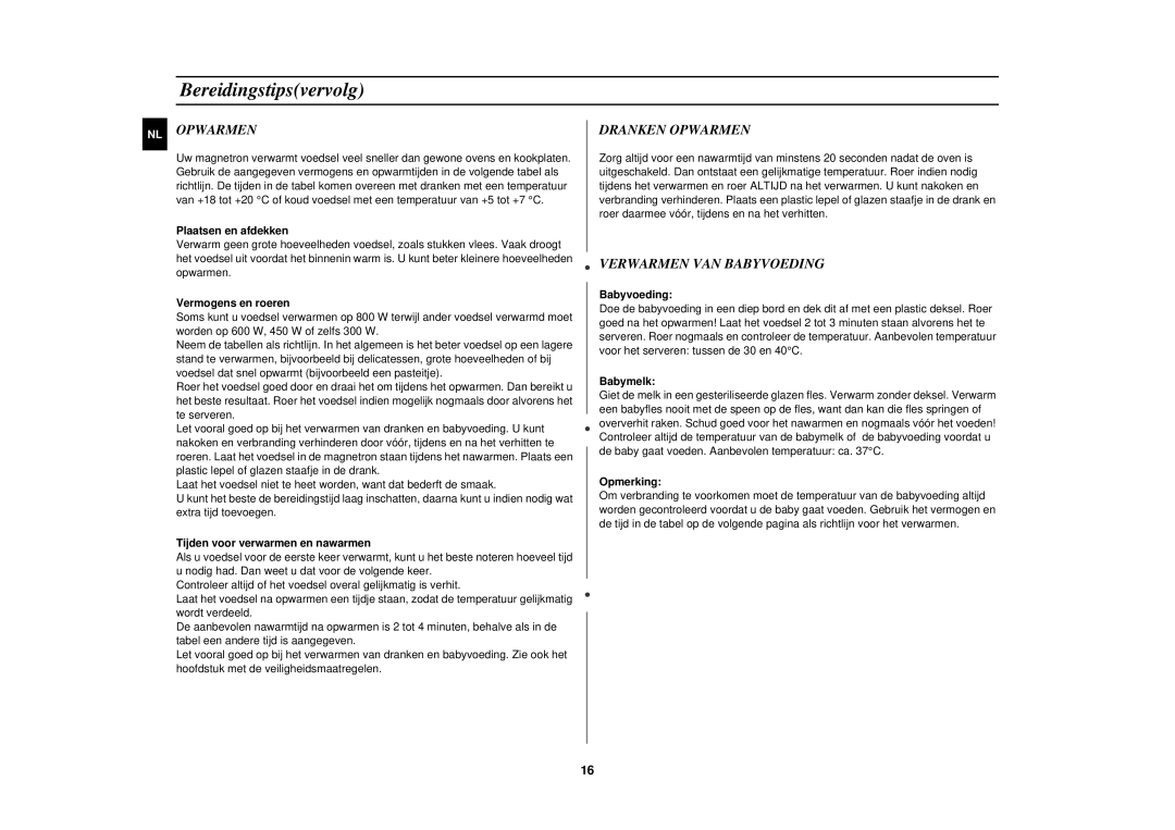 Samsung M1717N/XEN, M1727N/ERP, M1717N-S/ERP, M1717N/ERP manual Dranken Opwarmen, Verwarmen VAN Babyvoeding 