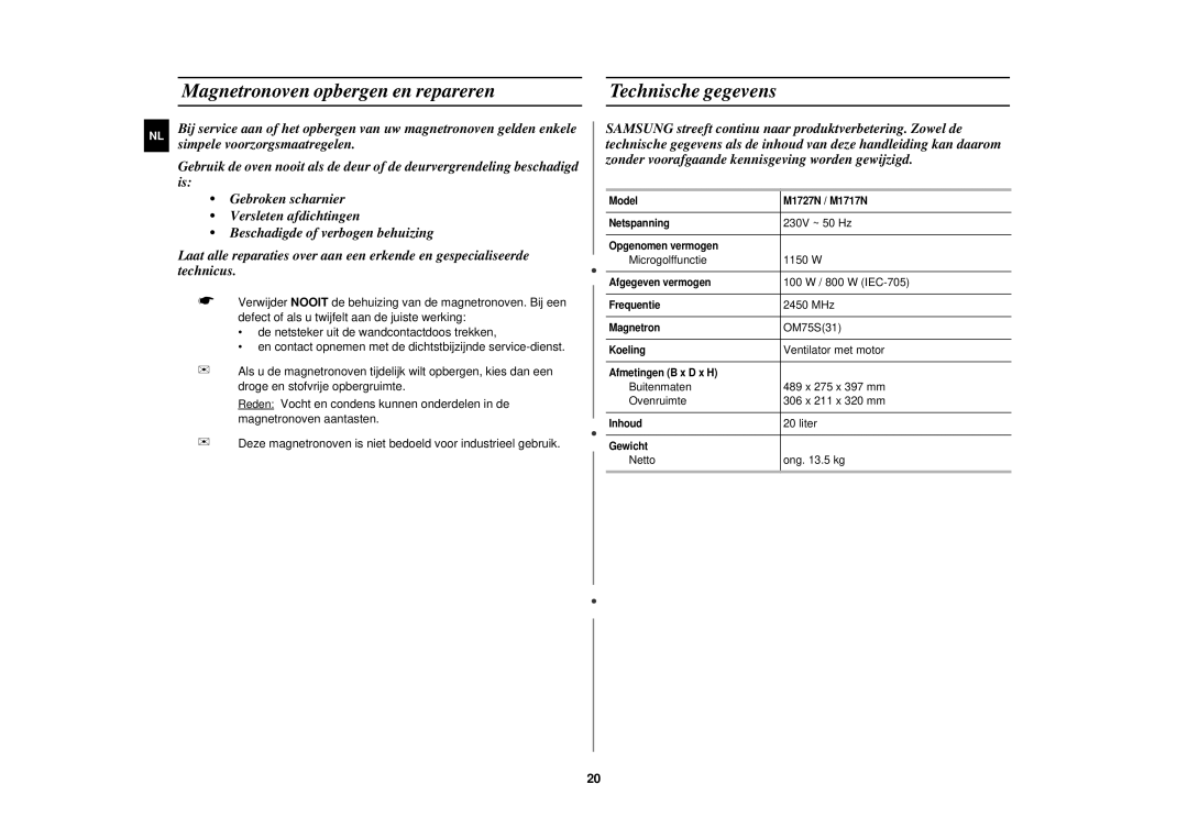 Samsung M1717N/XEN, M1727N/ERP, M1717N-S/ERP, M1717N/ERP manual Magnetronoven opbergen en repareren, Technische gegevens 