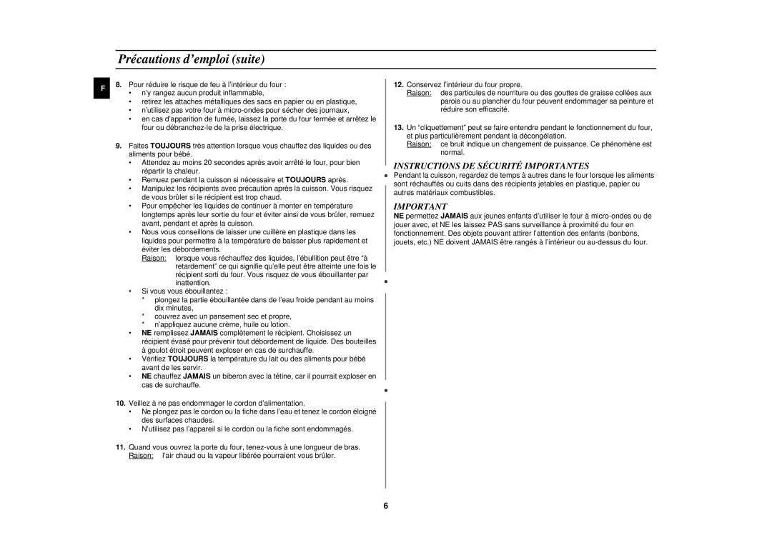 Samsung M1717N-S/ERP, M1717N/XEN, M1727N/ERP, M1717N/ERP Précautions d’emploi suite, Instructions DE Sécurité Importantes 