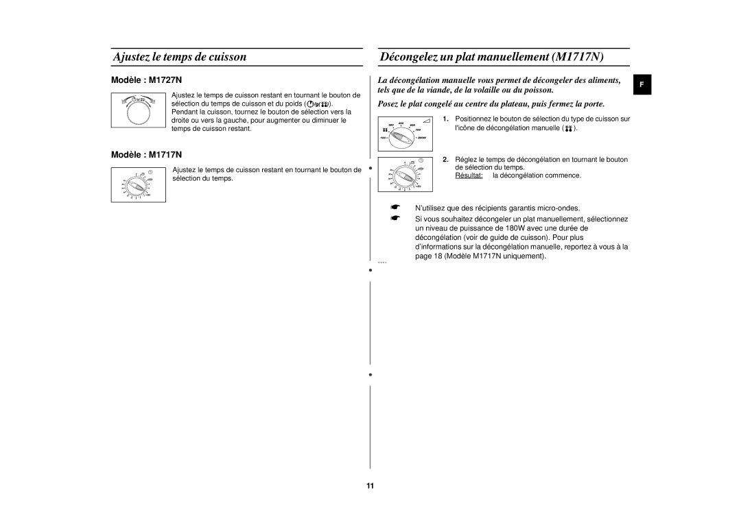 Samsung M1717N/ERP, M1717N/XEN, M1727N/ERP, M1717N-S/ERP Ajustez le temps de cuisson, Décongelez un plat manuellement M1717N 