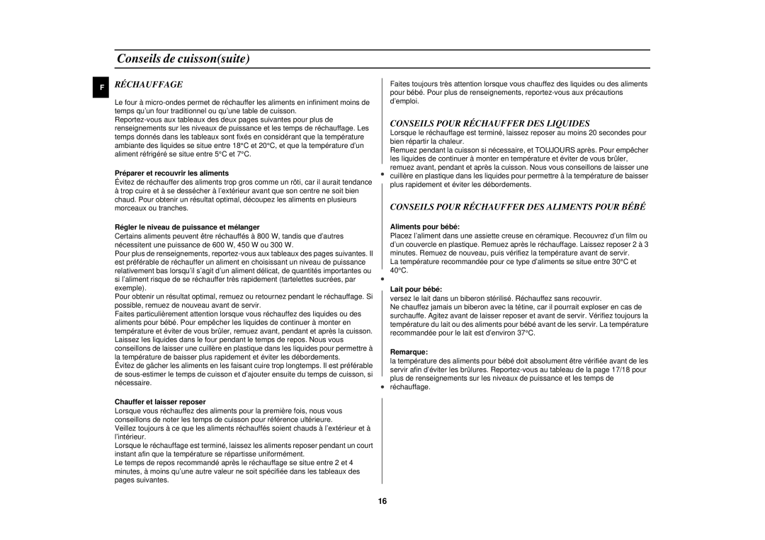 Samsung M1717N/XEN Réchauffage, Conseils Pour Réchauffer DES Liquides, Conseils Pour Réchauffer DES Aliments Pour Bébé 