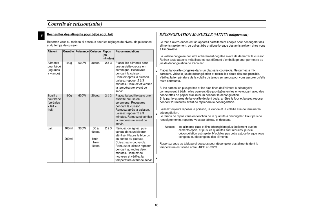 Samsung M1717N-S/ERP, M1717N/XEN Décongélation Manuelle M1717N uniquement, Réchauffer des aliments pour bébé et du lait 