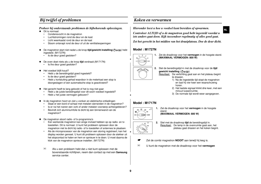 Samsung M1727N/ERP, M1717N/XEN Bij twijfel of problemen, Koken en verwarmen, Maximaal Vermogen 800 W, Gewicht instelling 
