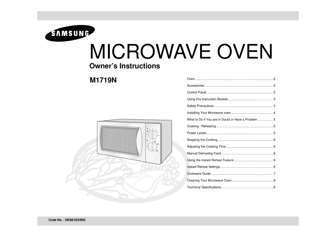 Samsung M1719N/XEG, M1719N-S/XEG, M1719N/GEN, M1719N/LIB, M1719N/XEH manual Microwave Oven, Code No. DE68-02249G 