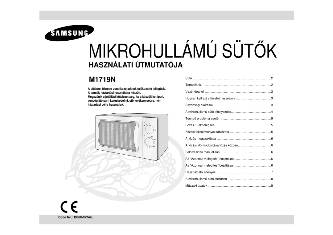 Samsung M1719N/XEG, M1719N-S/XEG, M1719N/XEH manual Mikrohullámú SÜT ŐK, Code No. DE68-02249L 