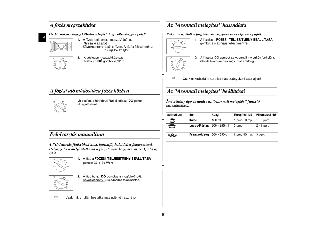 Samsung M1719N-S/XEG, M1719N/XEG manual Főzés megszakítása, Főzési idő módosítása f őzés közben, Felolvasztás manuálisan 