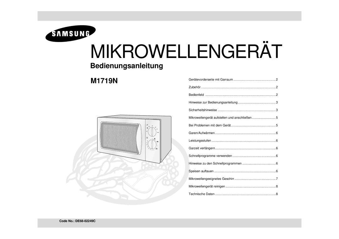 Samsung M1719N/XEG, M1719N-S/XEG, M1719N/GEN, M1719N/LIB, M1719N/XEH manual Microwave Oven, Code No. DE68-02249G 