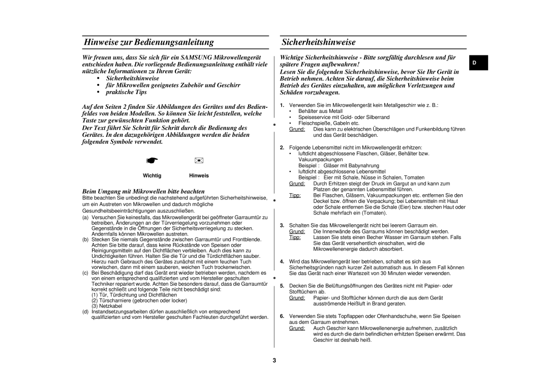 Samsung M1719N/XEG manual Hinweise zur Bedienungsanleitung, Sicherheitshinweise, Beim Umgang mit Mikrowellen bitte beachten 