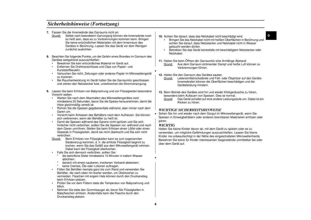 Samsung M1719N-S/XEG, M1719N/XEG manual Sicherheitshinweise Fortsetzung, Wichtige Sicherheitshinweise 