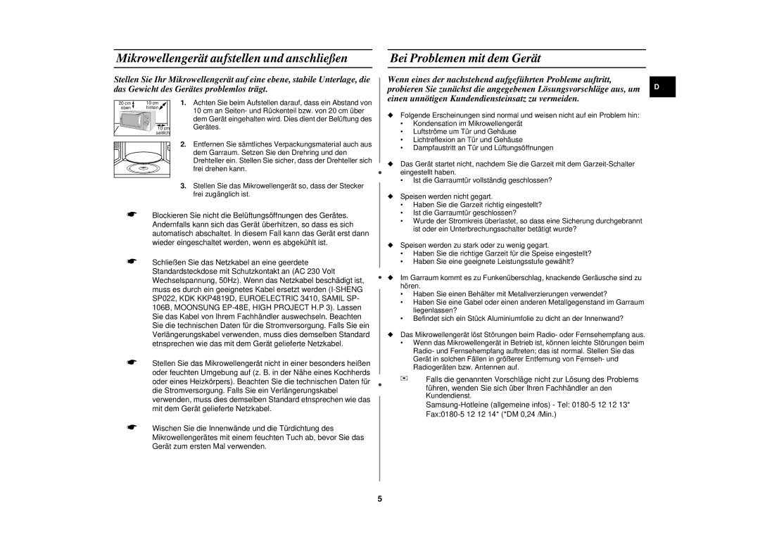 Samsung M1719N/XEG, M1719N-S/XEG manual Mikrowellengerät aufstellen und anschließen, Bei Problemen mit dem Gerät 