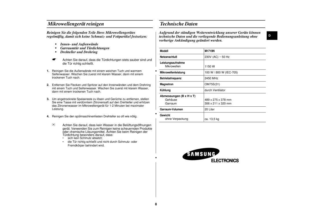 Samsung M1719N-S/XEG, M1719N/XEG manual Mikrowellengerät reinigen, Technische Daten, Abmessungen B x H x T 