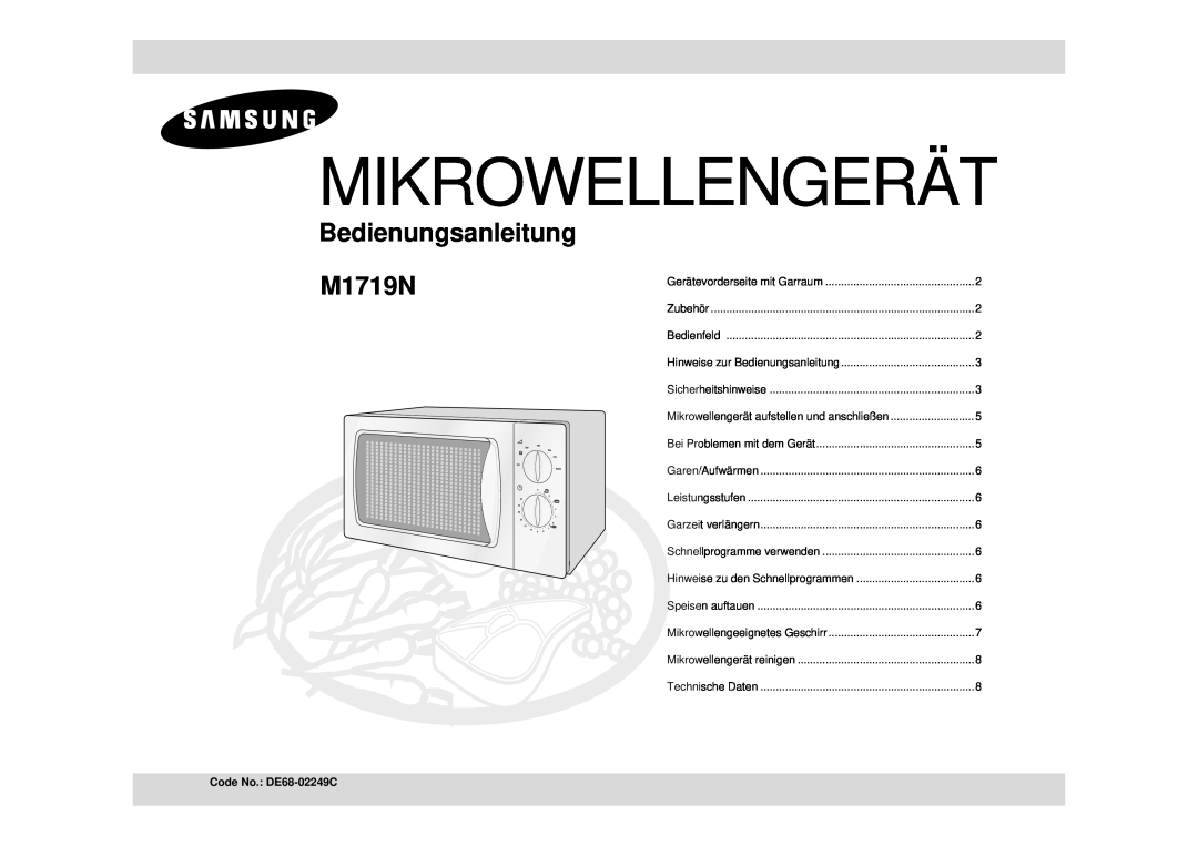 Samsung M1719N/XEG, M1719N-S/XEG manual Mikrowellengerät, Bedienungsanleitung M1719N, Code No. DE68-02249C 