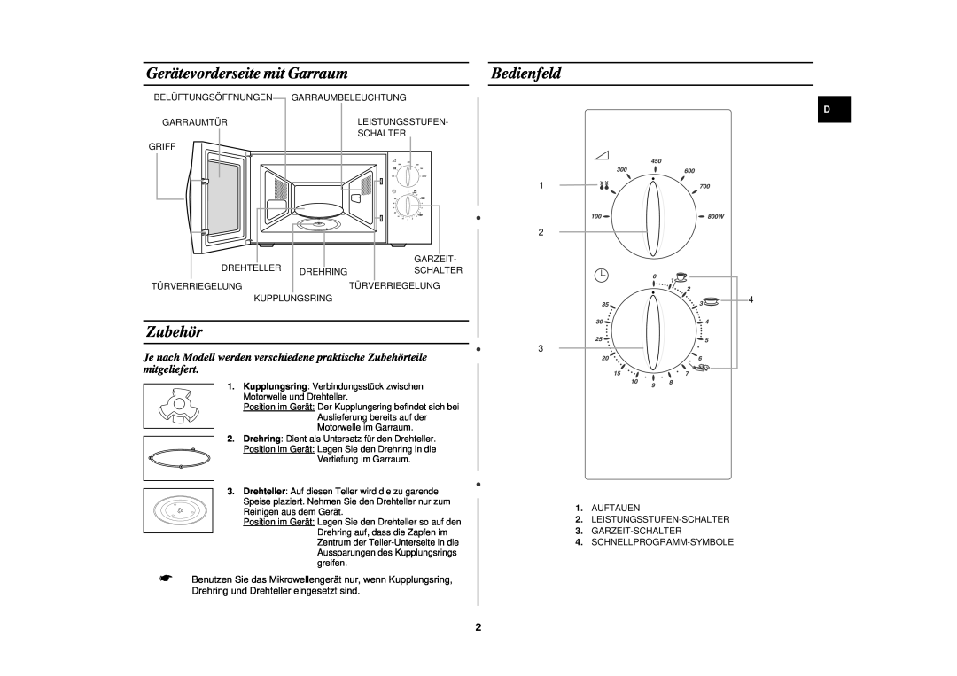 Samsung M1719N-S/XEG, M1719N/XEG manual Gerätevorderseite mit Garraum, Zubehör, Bedienfeld 