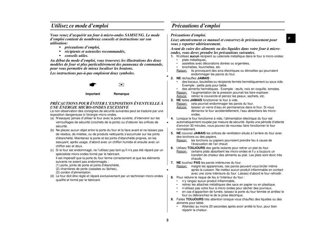 Samsung M1719N-YC/XEF, M1719N-Y/XEF, M1719N-C/XEF manual Utilisez ce mode d’emploi, Précautions d’emploi, Important Remarque 