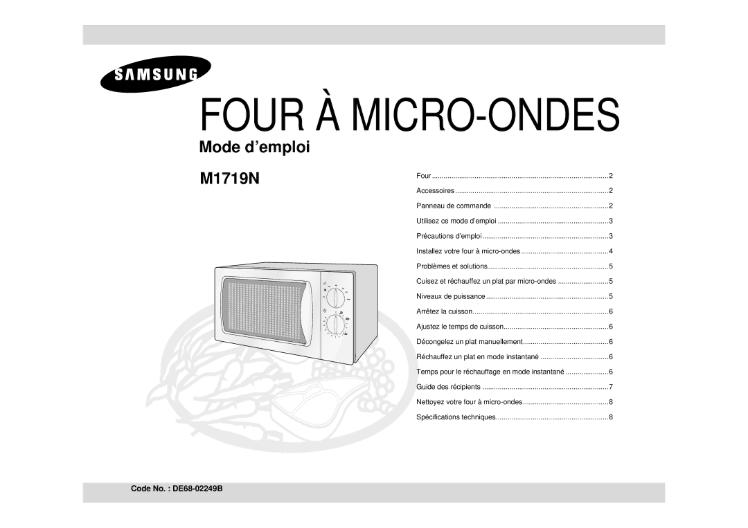 Samsung M1719N-C/XEF, M1719N-Y/XEF, M1719N/XEF, M1719N-YC/XEF manual Four À MICRO-ONDES 