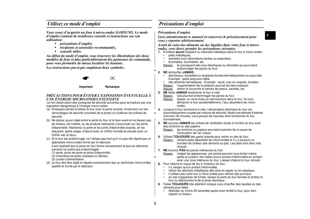 Samsung M1719N-YC/XEF, M1719N-Y/XEF, M1719N-C/XEF manual Utilisez ce mode d’emploi, Précautions d’emploi, Important Remarque 