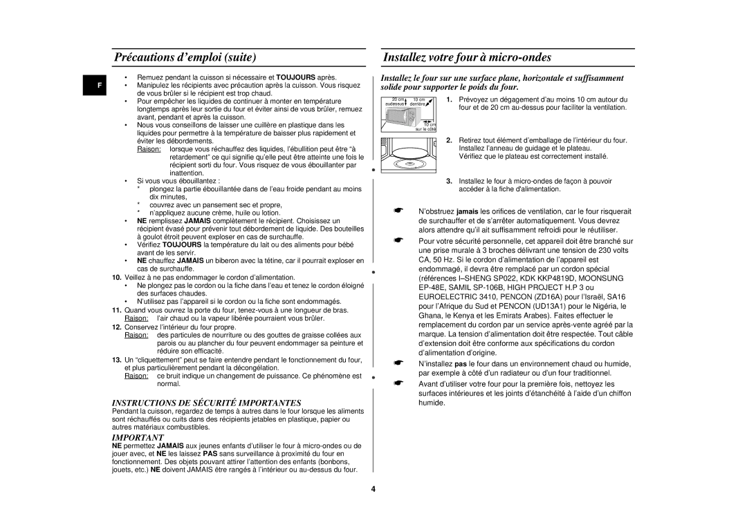 Samsung M1719N-Y/XEF, M1719N-C/XEF, M1719N/XEF, M1719N-YC/XEF Précautions d’emploi suite, Installez votre four à micro-ondes 