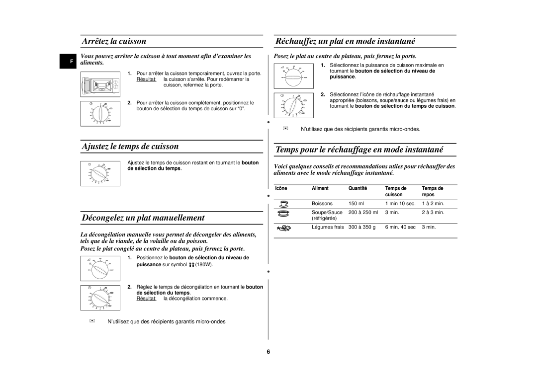 Samsung M1719N/XEF, M1719N-Y/XEF manual Arrêtez la cuisson, Ajustez le temps de cuisson, Décongelez un plat manuellement 