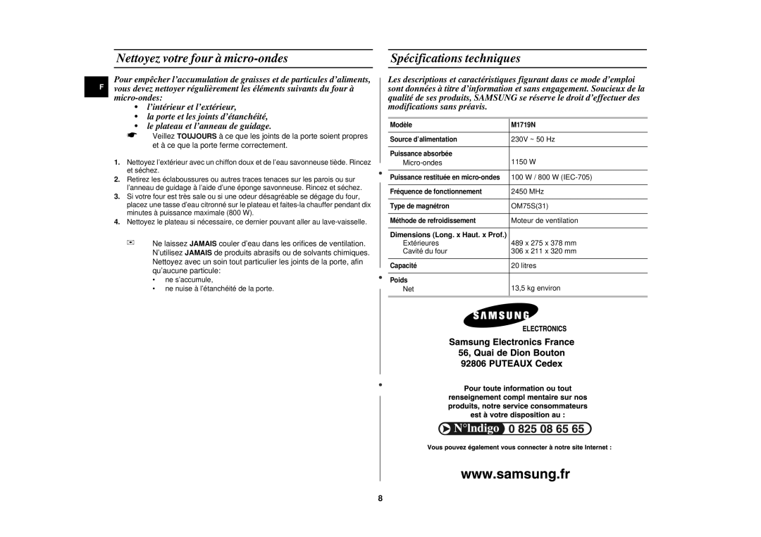 Samsung M1719N-Y/XEF, M1719N-C/XEF, M1719N/XEF, M1719N-YC/XEF Nettoyez votre four à micro-ondes Spécifications techniques 