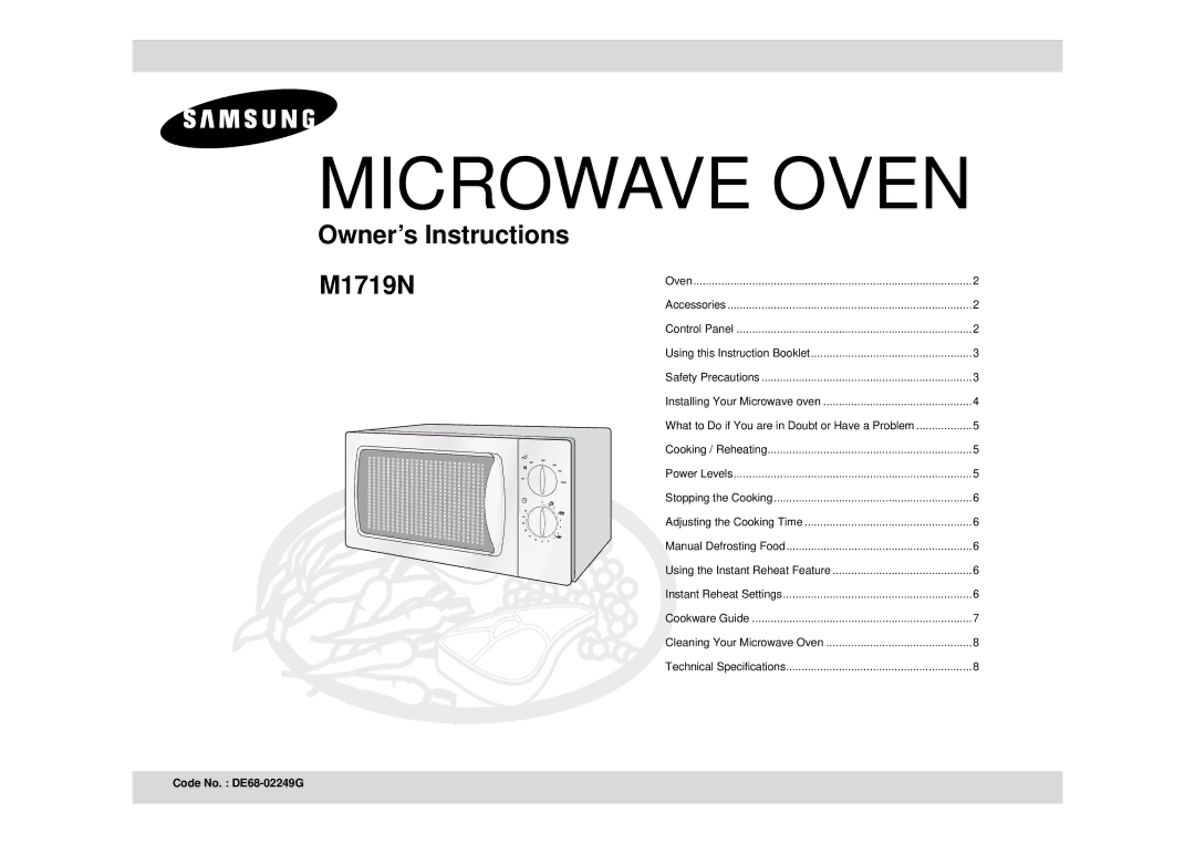 Samsung M1719N/BOL manual Microwave Oven, Code No. DE68-02249G 