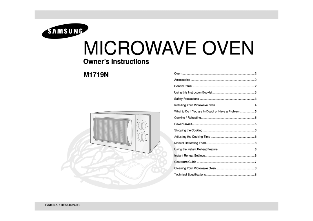 Samsung M1719N/ELE, M1719N/ERP manual Code No. DE68-02249G, Microwave Oven, Owner’s Instructions M1719N 