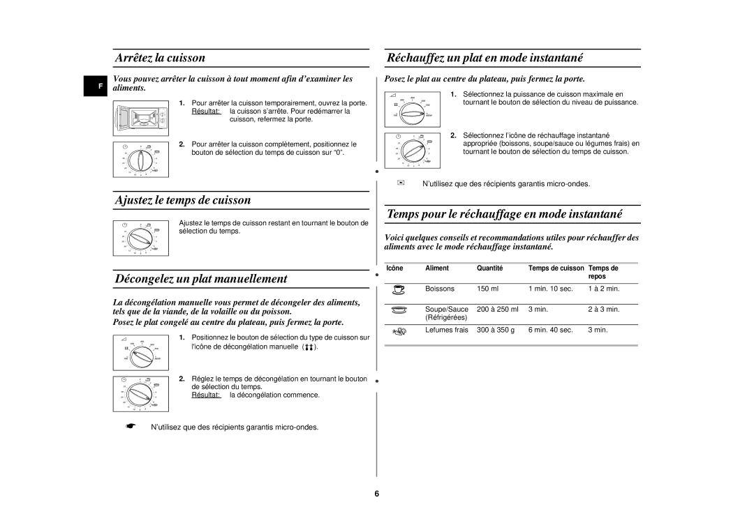 Samsung M171FN-Y/XEF, M171FN-X/XEF manual Arrêtez la cuisson, Ajustez le temps de cuisson, Décongelez un plat manuellement 