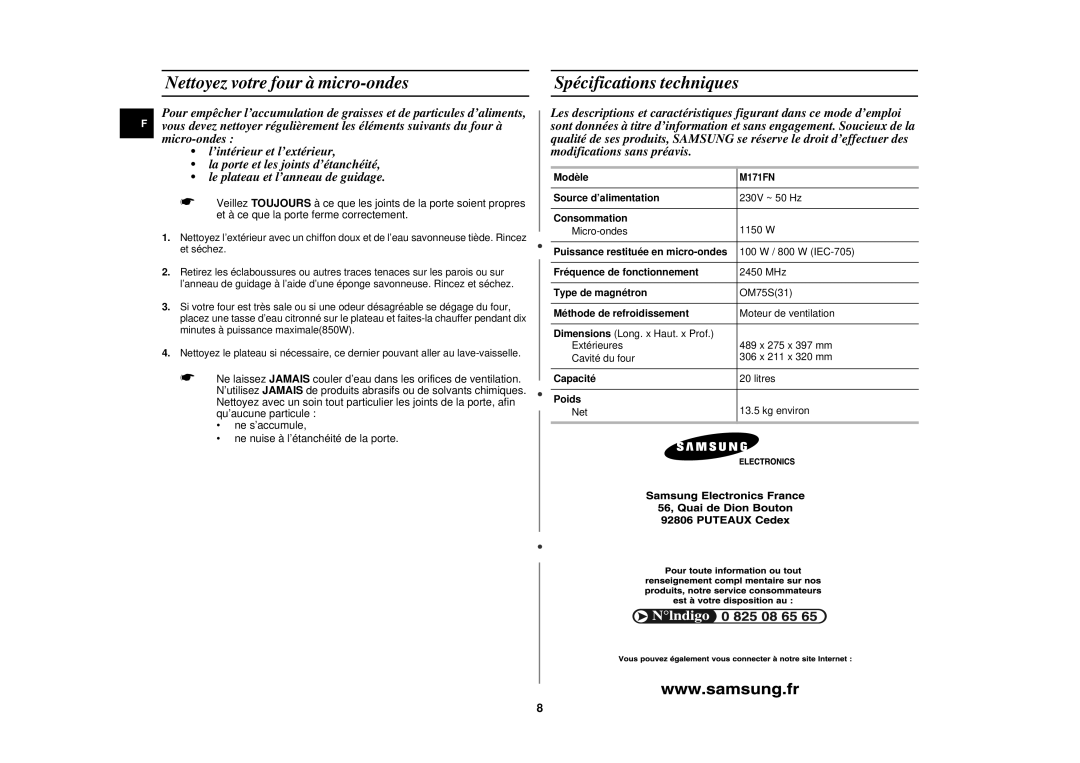 Samsung M171FN/XEF, M171FN-Y/XEF, M171FN-X/XEF manual Nettoyez votre four à micro-ondes Spécifications techniques 