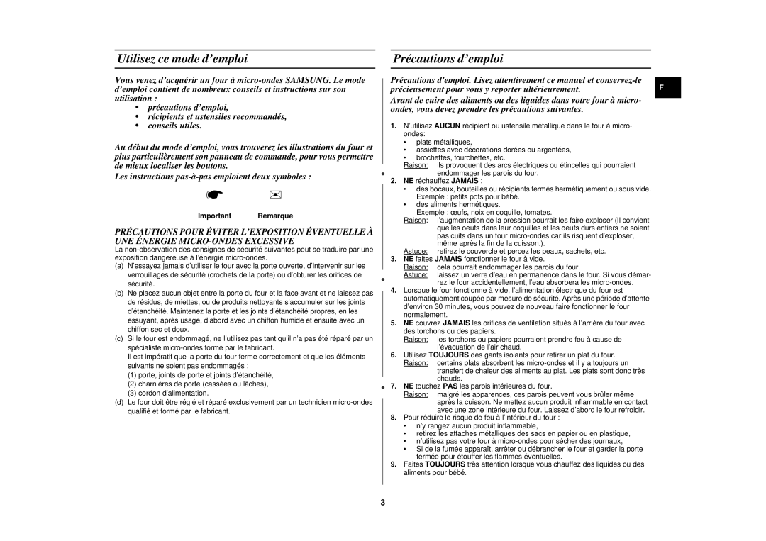 Samsung M171FN-Y/XEF, M171FN-X/XEF, M171FN/XEF manual Utilisez ce mode d’emploi, Précautions d’emploi, Important Remarque 