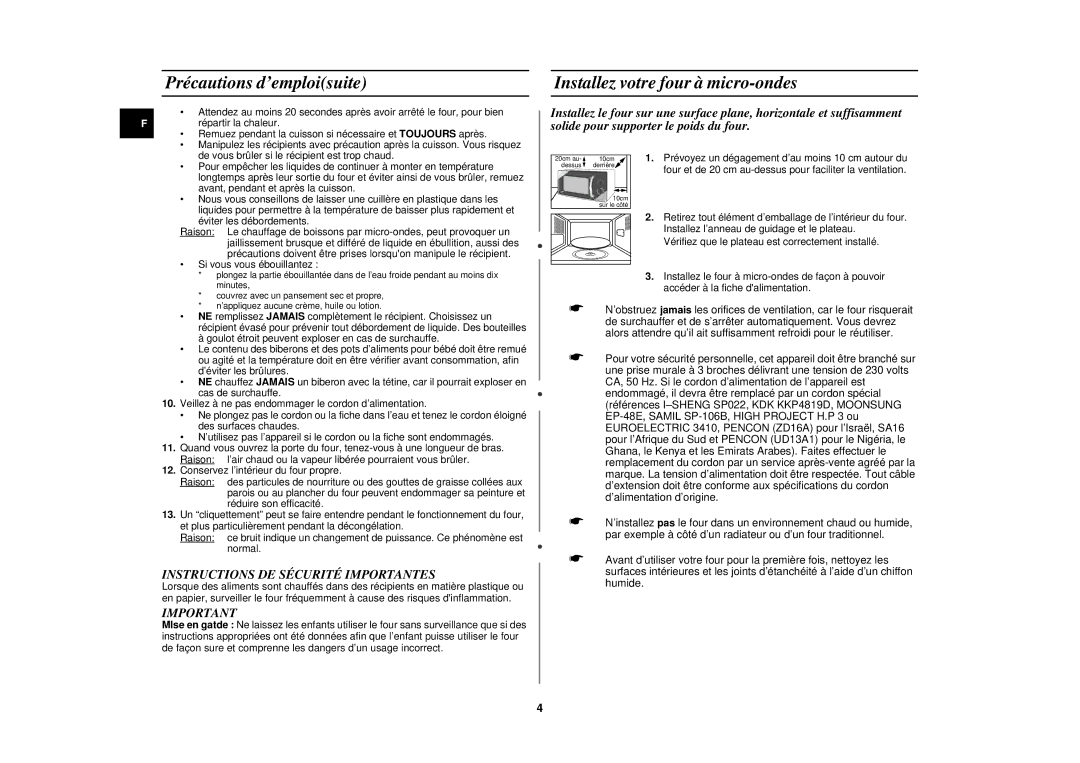 Samsung M171FN-X/XEF, M171FN-Y/XEF, M171FN/XEF manual Précautions d’emploisuite, Installez votre four à micro-ondes 