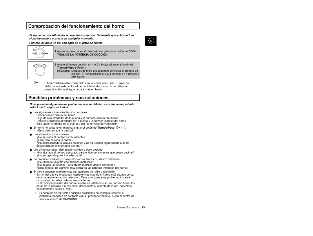 Samsung M1727-XB/XEC, M1727-XGR/XEC manual Comprobación del funcionamiento del horno, Posibles problemas y sus soluciones 