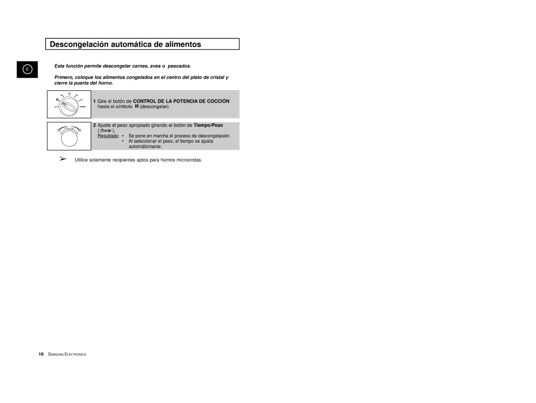 Samsung M1727-XGR/XEC, M1727-XB/XEC, M1727-XD/XEC, M1727-X/XEC manual Descongelación automática de alimentos 