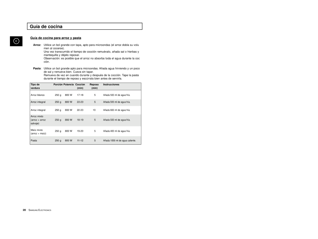 Samsung M1727-XGR/XEC, M1727-XB/XEC, M1727-XD/XEC, M1727-X/XEC manual Guía de cocina para arroz y pasta 