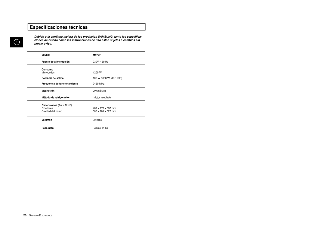 Samsung M1727-XD/XEC, M1727-XGR/XEC, M1727-XB/XEC, M1727-X/XEC manual Especificaciones técnicas, Método de refrigeración 