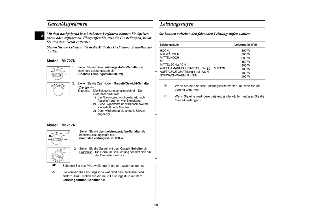 Samsung M1727N/XEG manual Garen/Aufwärmen, Sie können zwischen den folgenden Leistungsstufen wählen, Leistung in Watt 