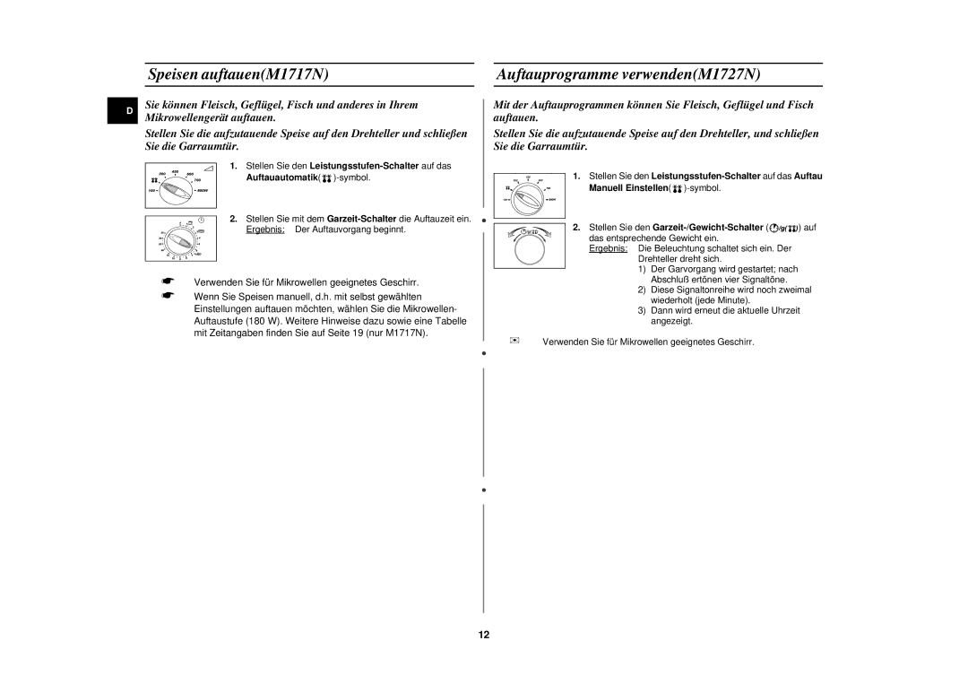 Samsung M1727N-S/XEG, M1727N/XEG, M1727N/XEE manual Speisen auftauenM1717N, Auftauprogramme verwendenM1727N 